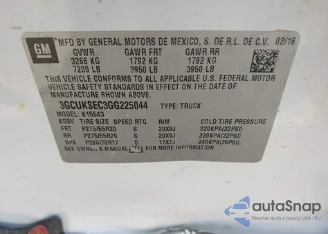 2016 Chevrolet Silverado 1500 2Lz from USA, damaged, VIN 3GCUKSEC3GG225044